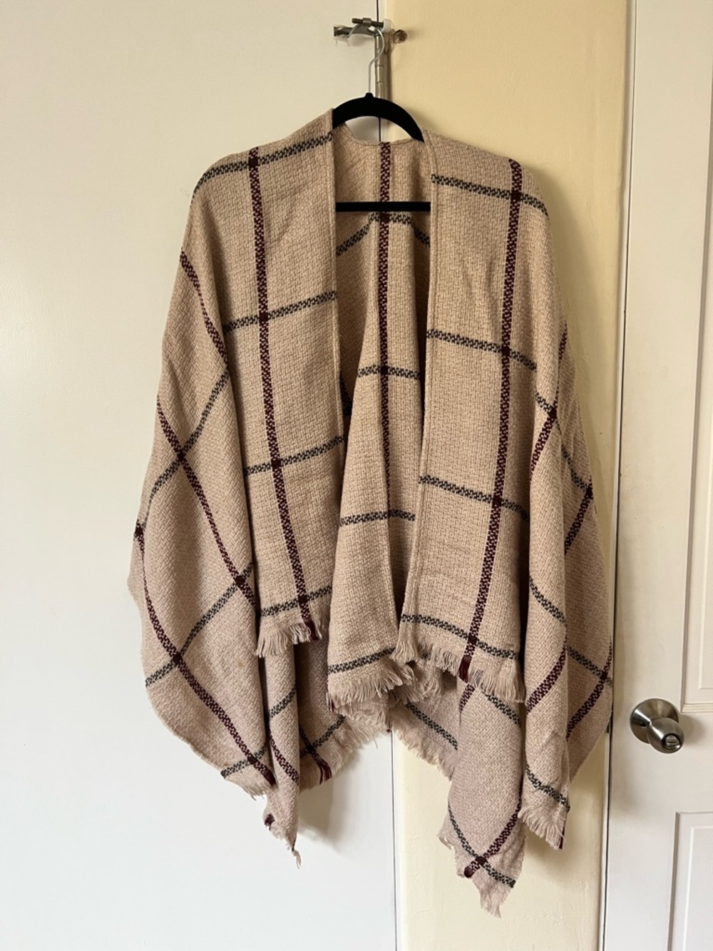 Uniqlo Beige Plaid Fringe Wrap with Black and Burgundy Windowpane